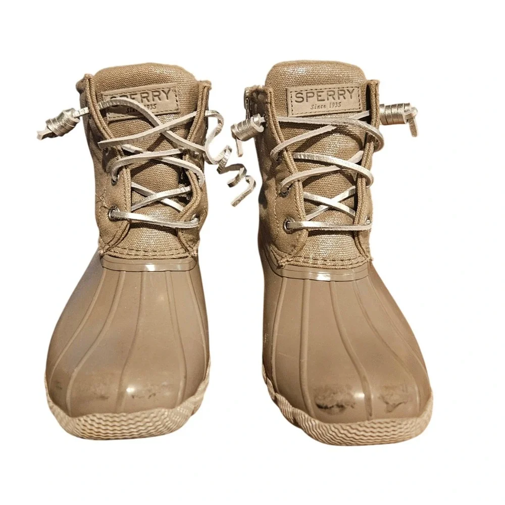 Sperry Womens Duck Boots Tan Quilted Waterproof Side Zip Lace Up Ankle Boots 5